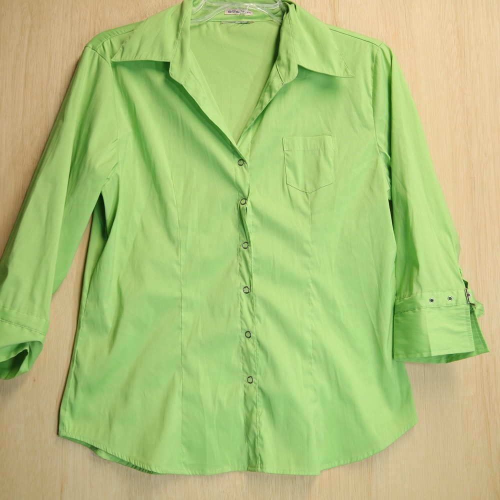 y2K 90S Stretch Lime Green 3/4 Sleeve Buckle Cuff Button Up Shirt Top